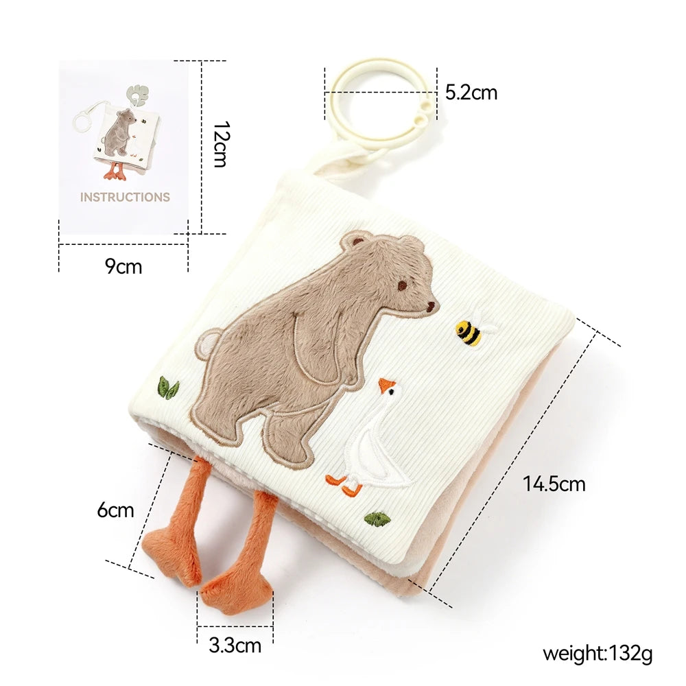Baby Cloth Book with Bear & Goose, Sensory Crinkle Activity Book with Mirror, Teether, and Hanging Ring, Early Educational Toys