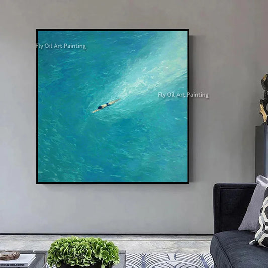 Original Blue Green People Set Sail Wall Art Decor For Room Handpainted Light Blue Seascape Fashion Oil Painting Canvas Art