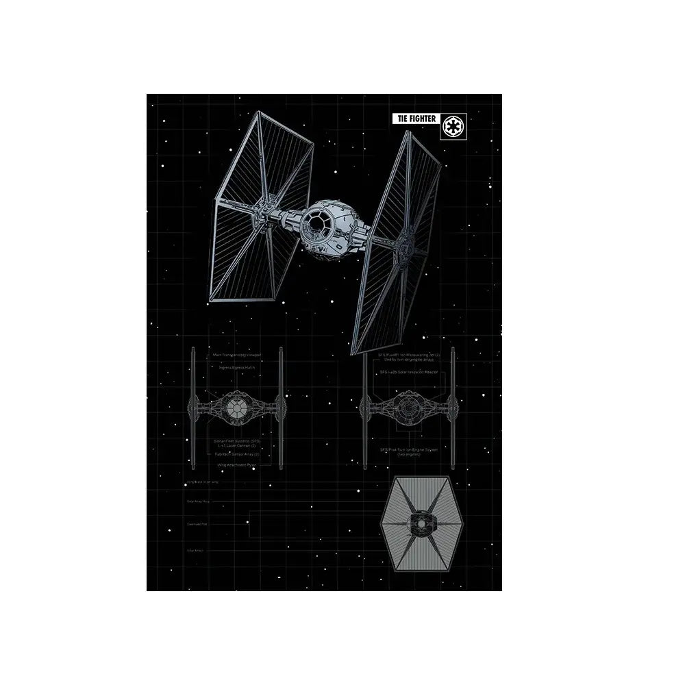 TIE Fighter blueprint art print with technical schematics, perfect for Star Wars fans and home decor