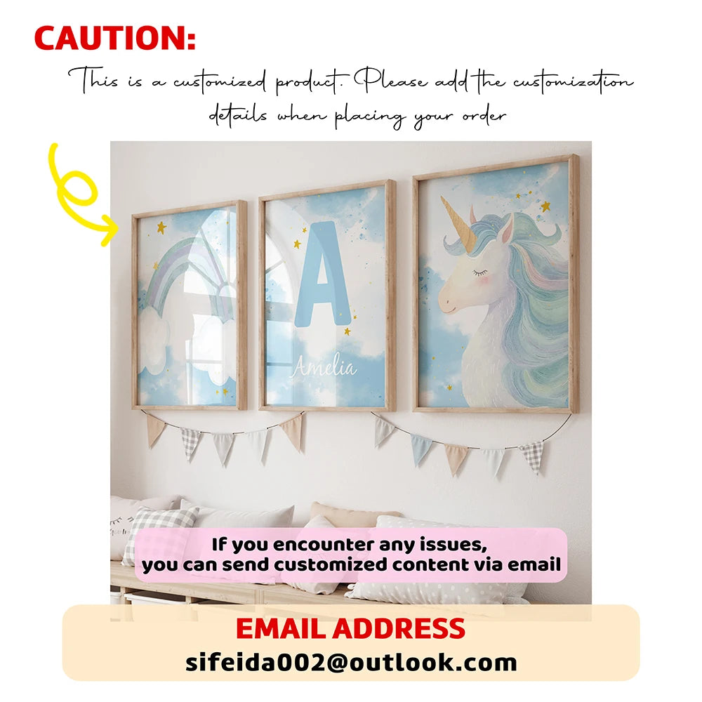 3pcs Personalized Custom Name Cartoon Blue Teddy Bear Wall Art Print Picture Canvas Poster Painting For Living Room Home Decor