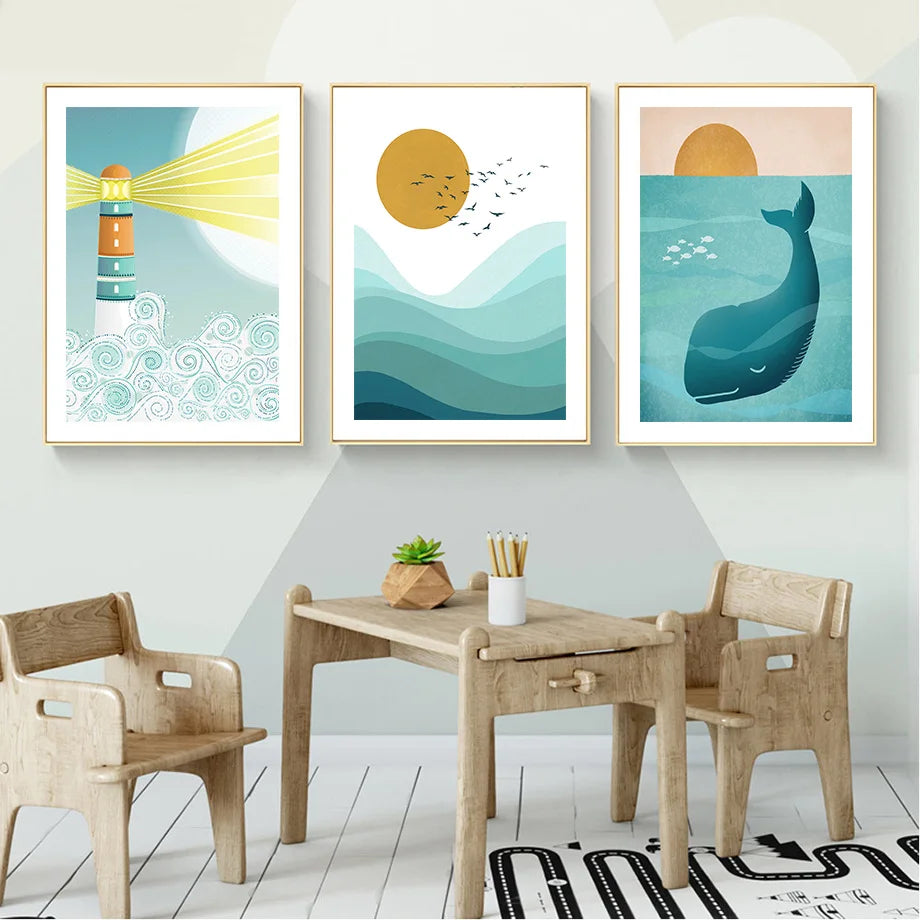 Blue Ocean Sun Fish Whale Lighthouse Nursery Wall Art Canvas Painting Posters And Prints Wall Pictures Baby Room Bedroom Decor