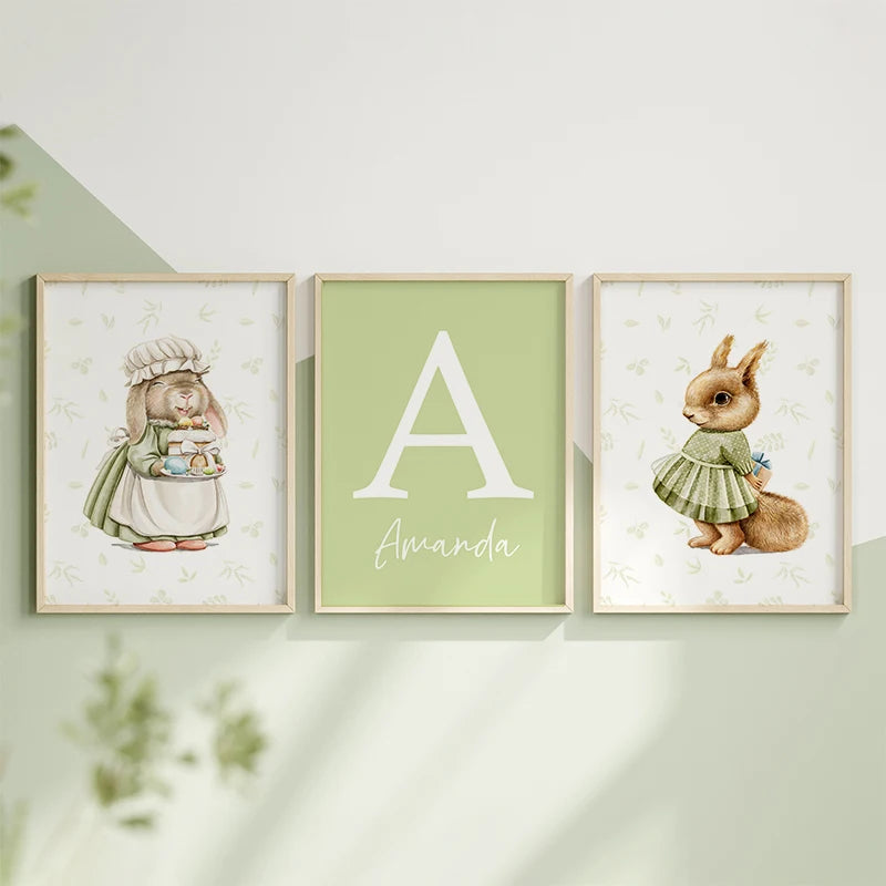 Personalised Green Rabbit Initial Prints