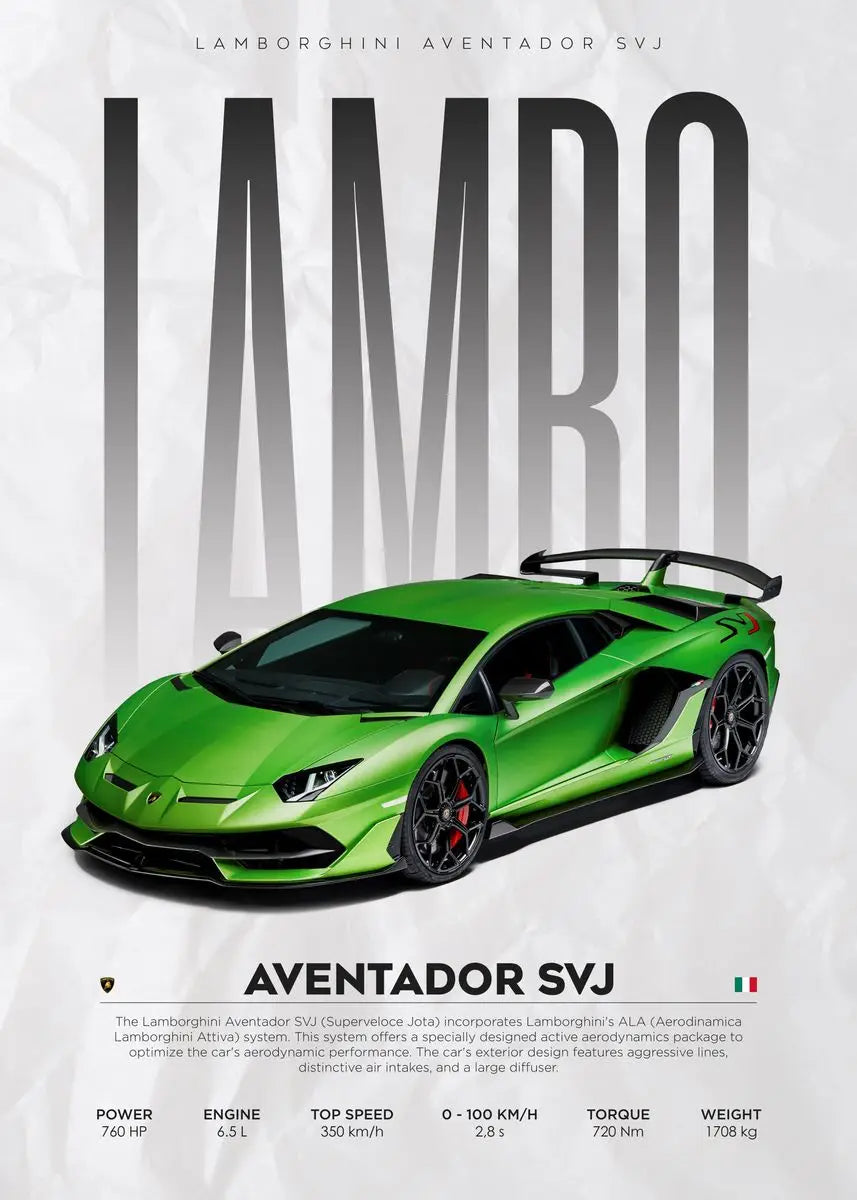 Vibrant green Lamborghini Aventador SVJ digital art print with specs, perfect for car enthusiasts and home decor.