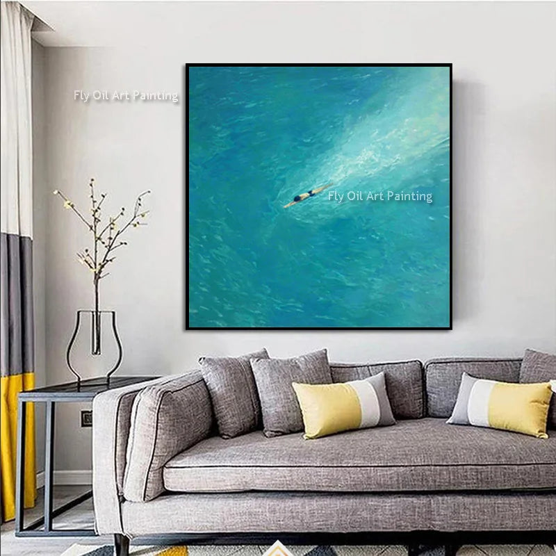 Original Blue Green People Set Sail Wall Art Decor For Room Handpainted Light Blue Seascape Fashion Oil Painting Canvas Art