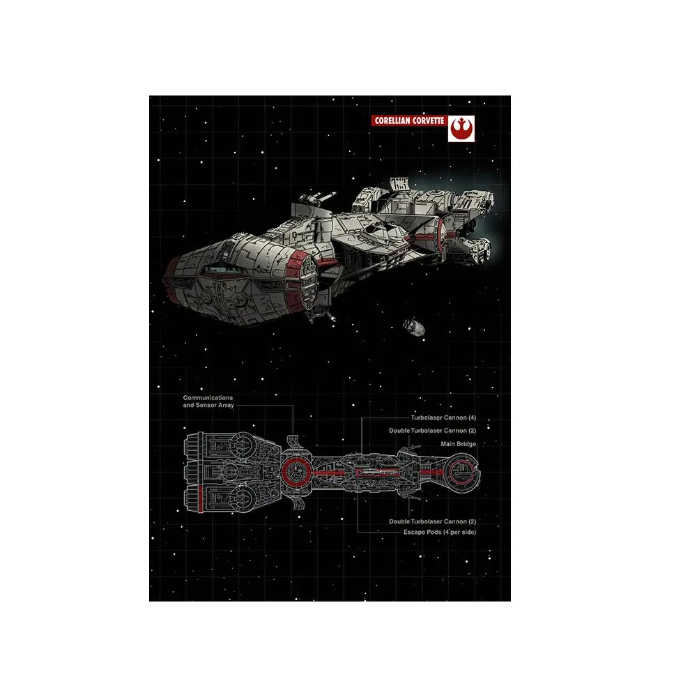 Corellian Corvette starship blueprint art print with labeled parts, space-themed wall decor