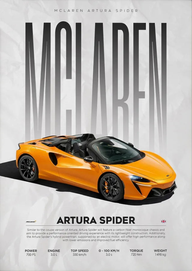 Vibrant orange McLaren Artura Spider sports car poster with specs, ideal for automotive art prints and home decor.