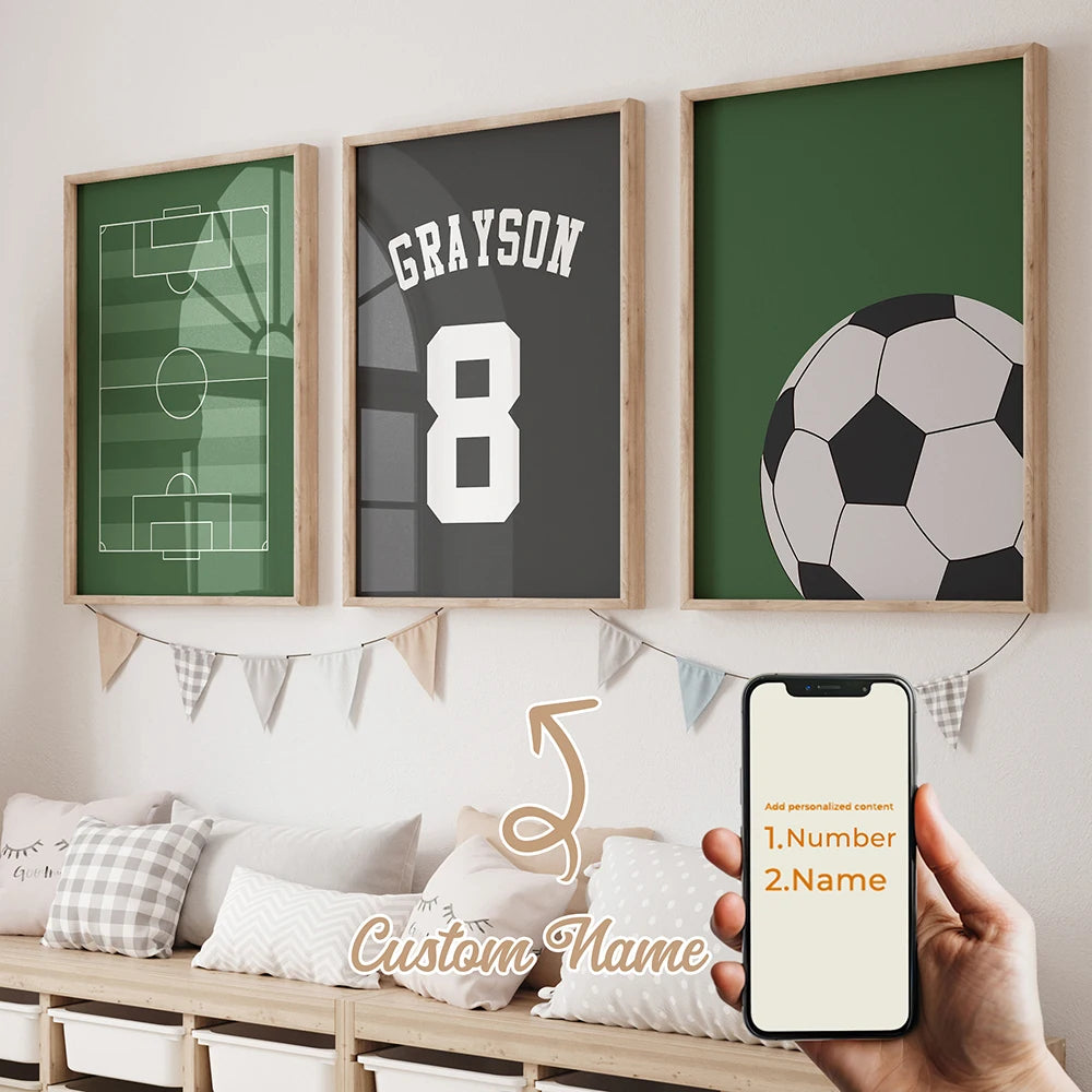3pcs Personalized Custom Name Cartoon football Wall Art Print Picture Canvas Poster Painting For Living Room Home Decor