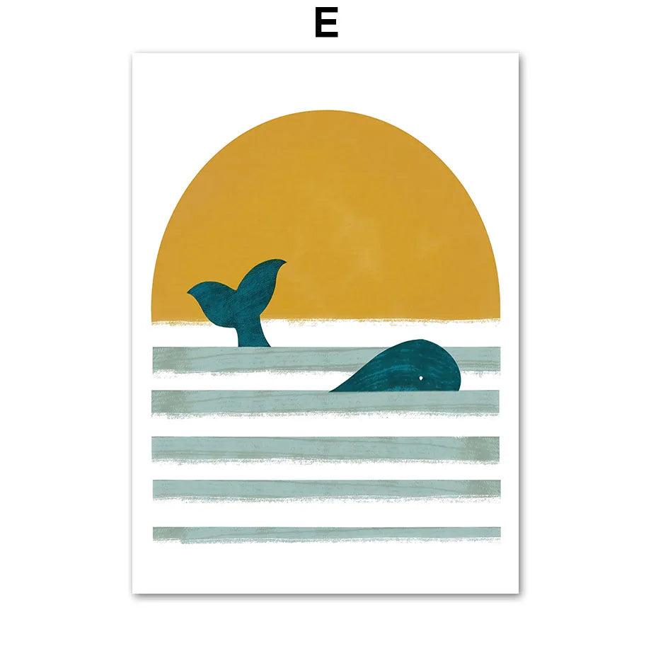 Blue Ocean Sun Fish Whale Lighthouse Nursery Wall Art Canvas Painting Posters And Prints Wall Pictures Baby Room Bedroom Decor