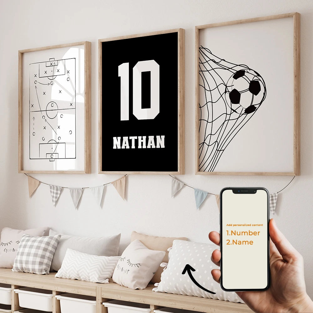 3pcs Personalized Custom Name Cartoon football Wall Art Print Picture Canvas Poster Painting For Living Room Home Decor