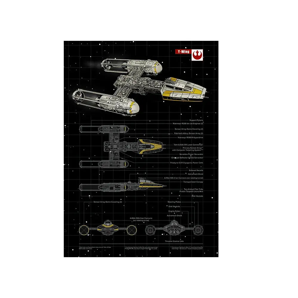 Y-Wing starfighter blueprint poster with technical schematics, perfect for sci-fi wall art or digital print decor