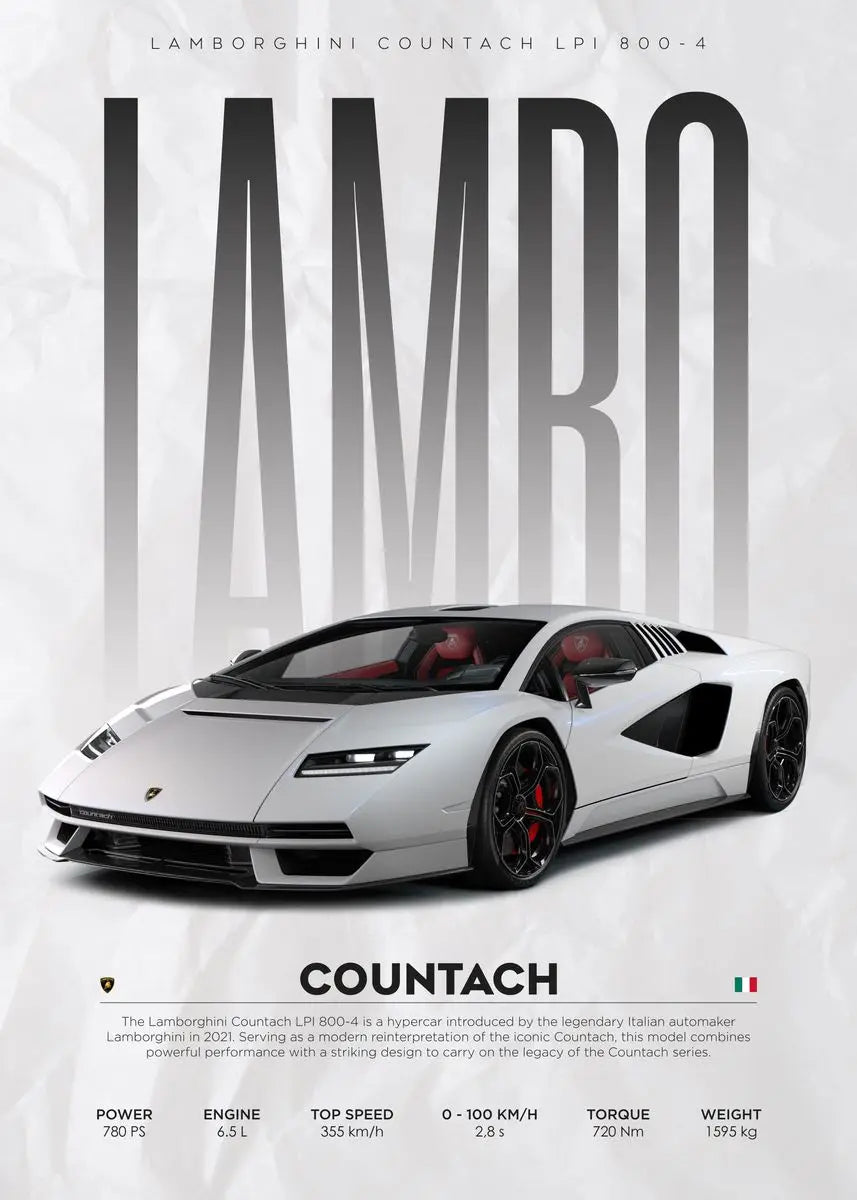 Lamborghini Countach LPI 800-4 digital art print — sleek white hypercar with bold typography, perfect for modern home decor