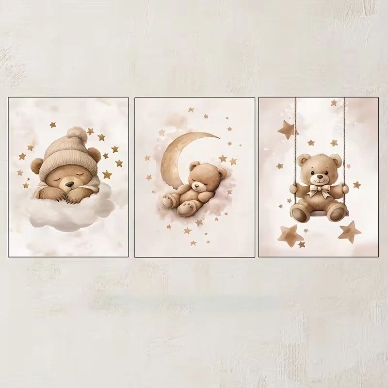 Set of 3 Boho Style Teddy Bear Nursery Wall Prints