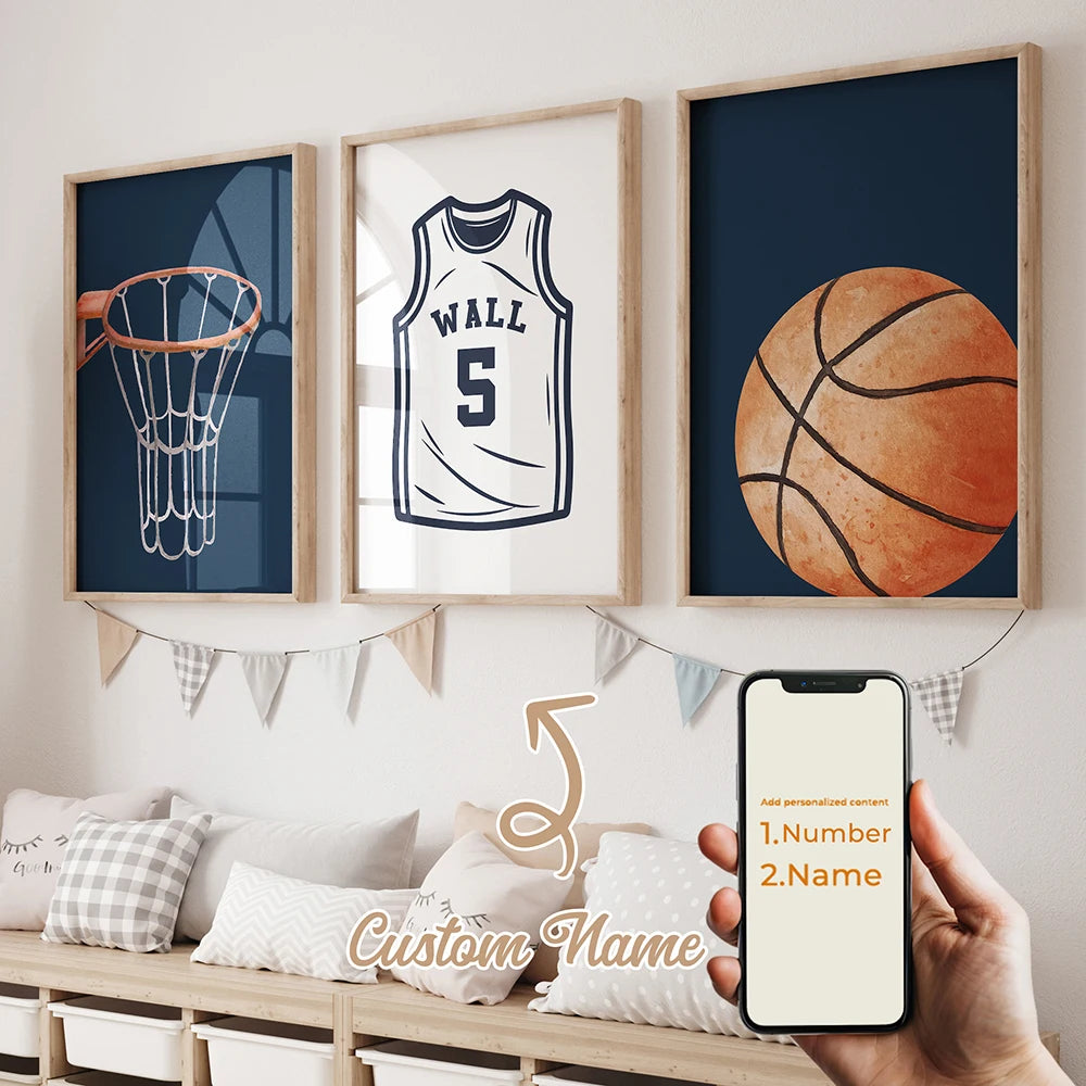 3pcs Personalized Custom Name Cartoon basketball Wall Art Print Picture Canvas Poster Painting For Living Room Home Decor