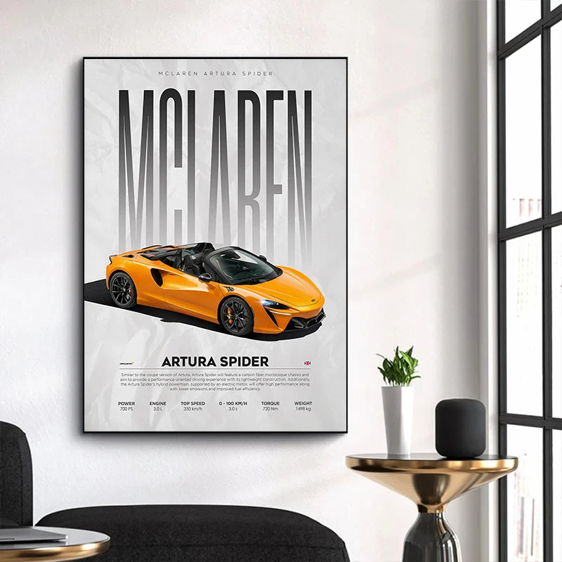 McLaren Artura Spider digital art print for modern home decor, featuring bold typography and vibrant orange sports car.