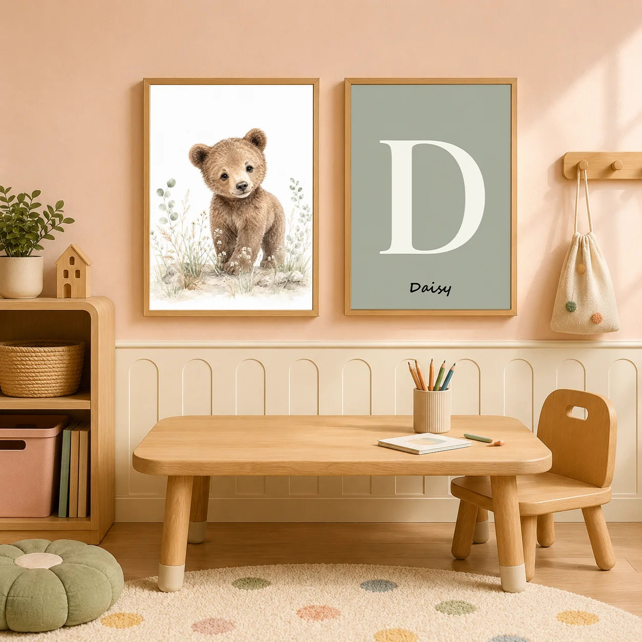 Personalized Letter Wall Art Cute Animal Canvas Painting Soft Nursery Poster Print Kids Room Wall Decor