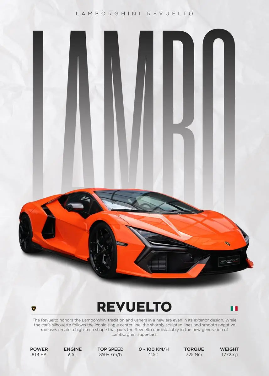 Vibrant orange Lamborghini Revuelto supercar poster with specs, ideal for home decor or gifting