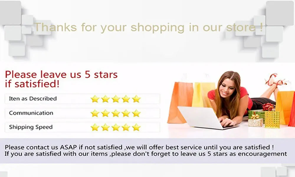 Woman with laptop and shopping bags, 5-star review request for digital art prints