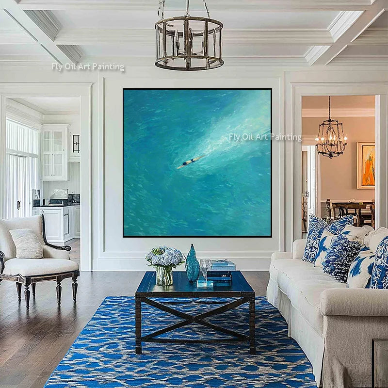 Original Blue Green People Set Sail Wall Art Decor For Room Handpainted Light Blue Seascape Fashion Oil Painting Canvas Art