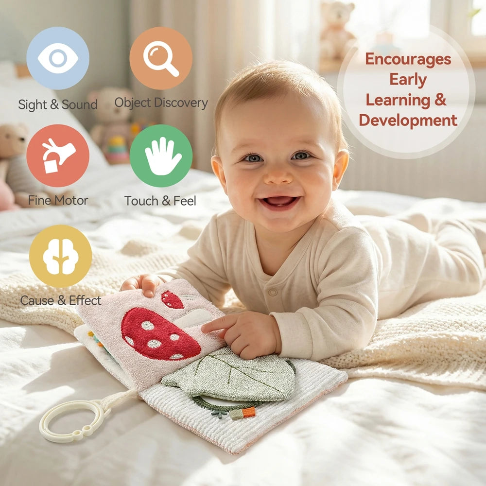 Baby Cloth Book with Bear & Goose, Sensory Crinkle Activity Book with Mirror, Teether, and Hanging Ring, Early Educational Toys