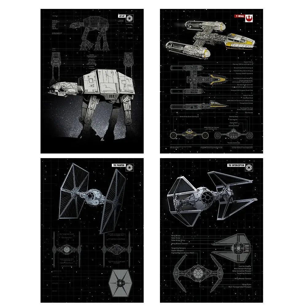 Star Wars vehicle blueprints including AT-AT, Y-Wing, TIE Fighter, and TIE Interceptor for digital art prints.