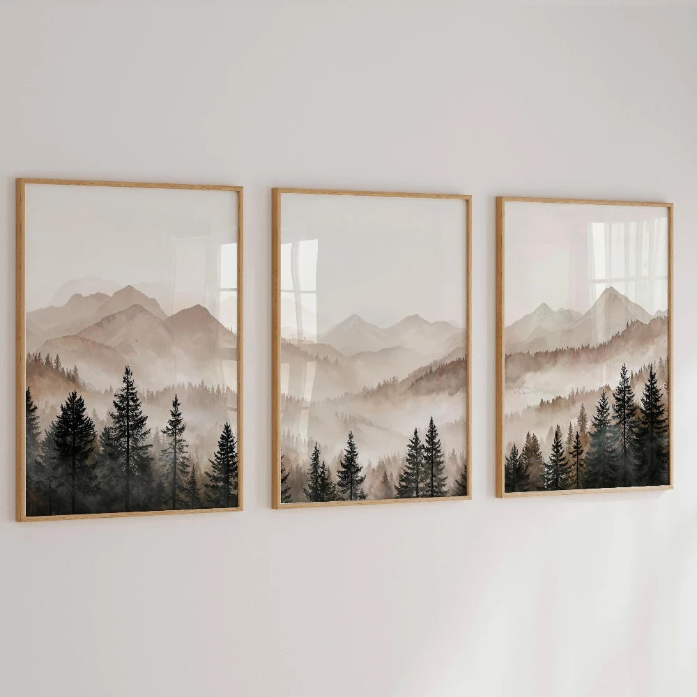 Abstract Forest Mountains Triptych Art Minimalist Modern Foggy Landscape Prints Set of 3 Printable Neutral Nature Wall Art Gift