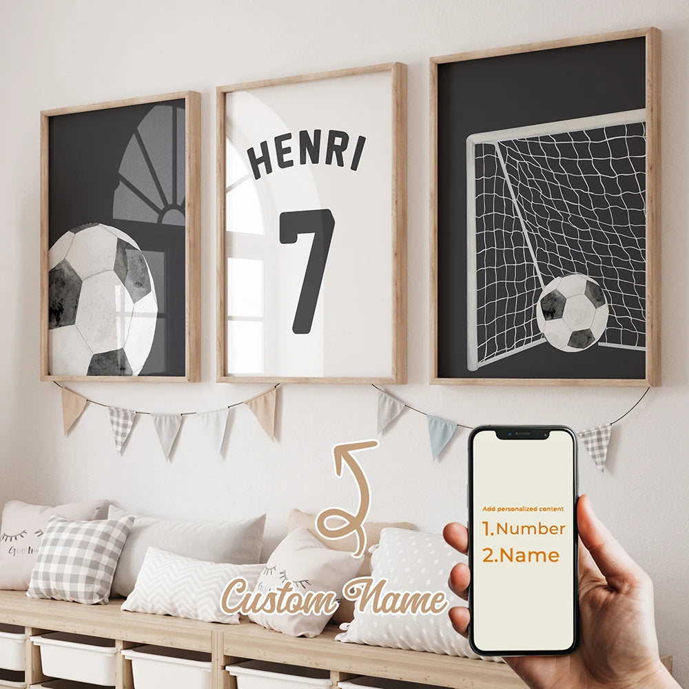 3pcs Personalized Custom Name Cartoon football Wall Art Print Picture Canvas Poster Painting For Living Room Home Decor