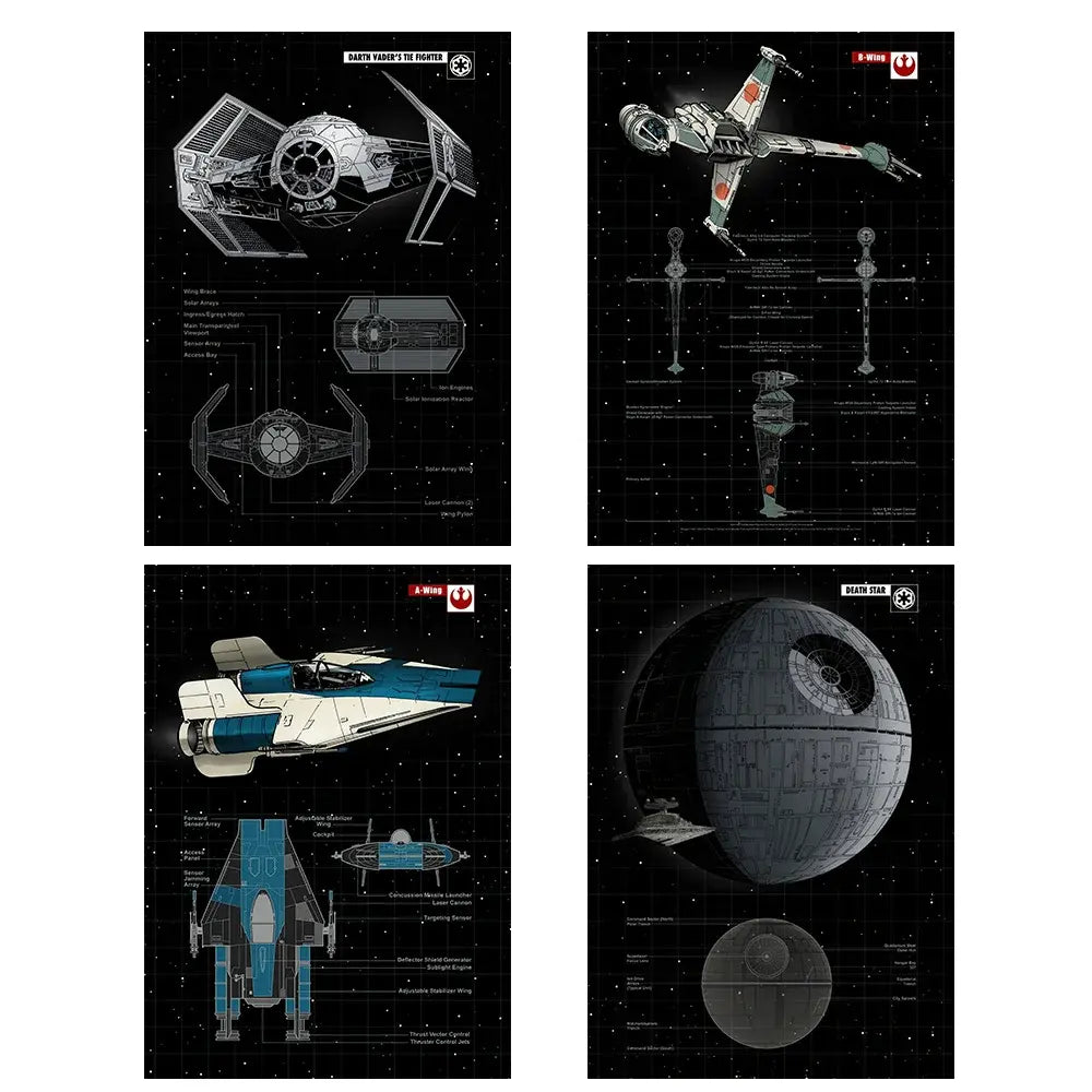 Star Wars spaceship blueprints: TIE Fighter, X-Wing, A-Wing, Death Star — digital art prints for fans