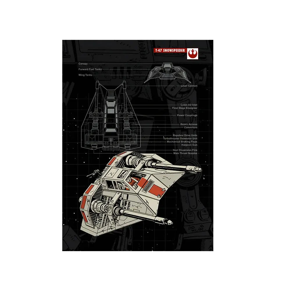 T-47 Snowspeeder technical blueprint art print with labeled parts, ideal for Star Wars fans and home decor
