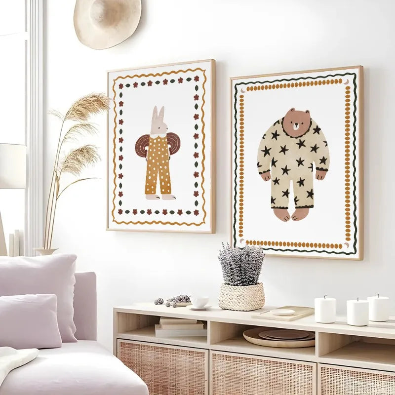 Boho Nursery Wall Art with Cute Cat Design