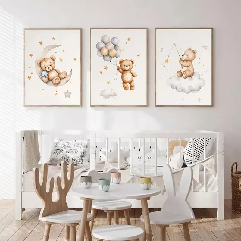 Set of 3 Boho Style Teddy Bear Nursery Wall Prints
