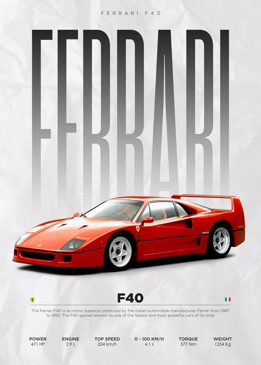 Red Ferrari F40 supercar poster with specs, iconic Italian sports car art print for home decor