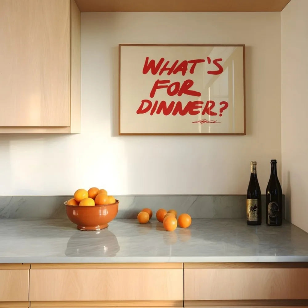 What Is for Dinner? Printmaking,Aesthetic Art,Bauhaus Printmaking,Kitchen Wall Art,Minimalist Red Frameless Canvas Painting