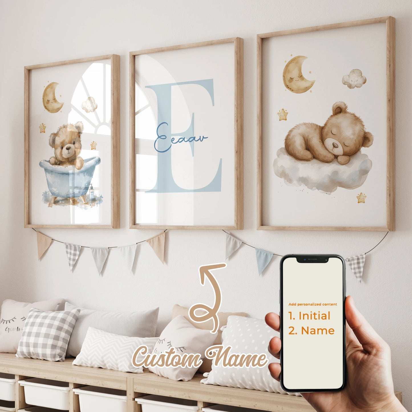 3pcs Personalized Custom Name Cartoon Blue Teddy Bear Wall Art Print Picture Canvas Poster Painting For Living Room Home Decor