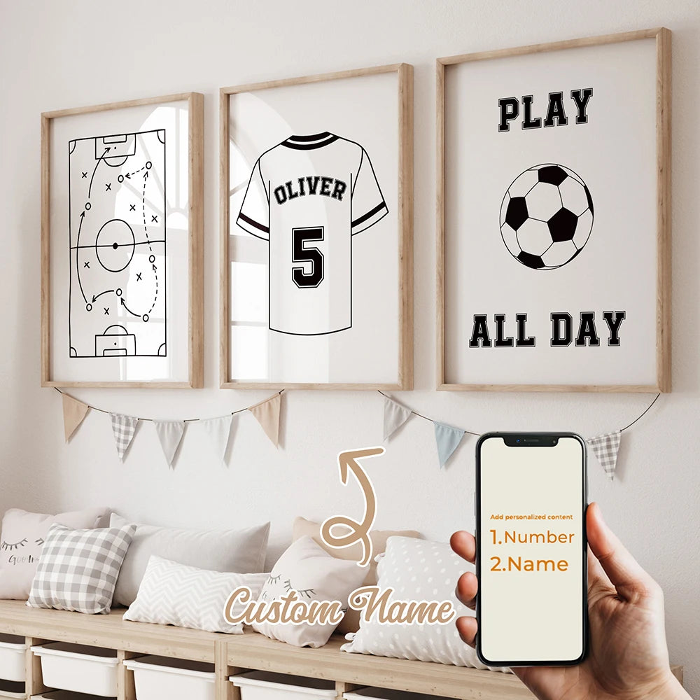 3pcs Personalized Custom Name Cartoon football Wall Art Print Picture Canvas Poster Painting For Living Room Home Decor