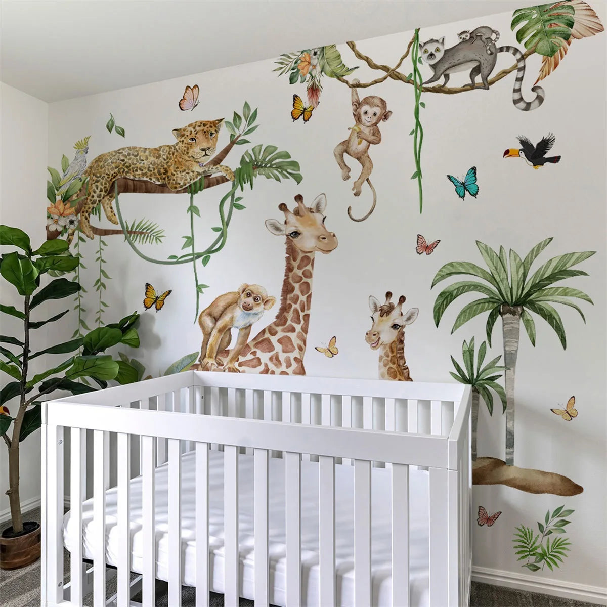 Woodland Animal Wall Decals for Kids Nursery with giraffes, monkeys, and lush greenery.