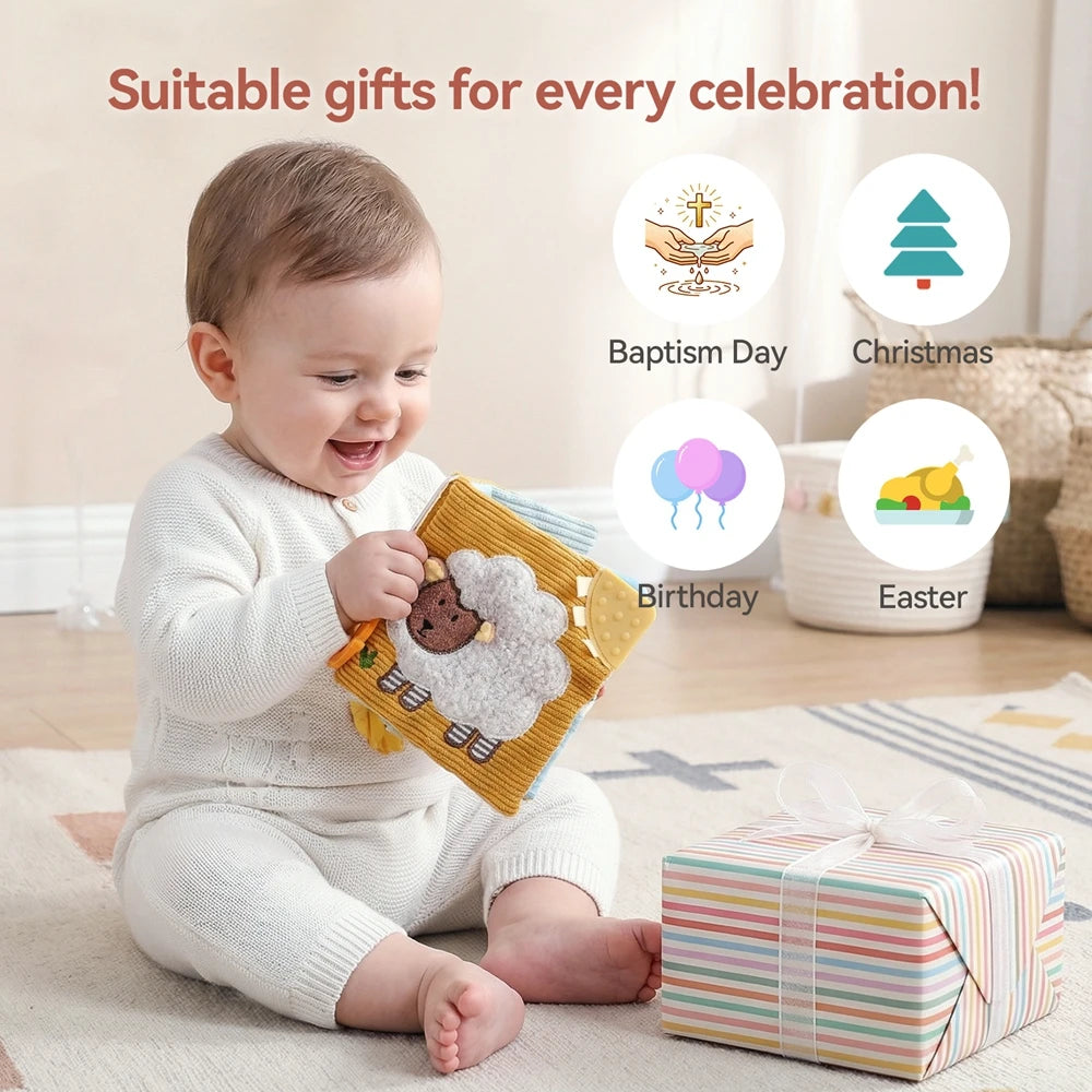 Baby Cloth Book with Bear & Goose, Sensory Crinkle Activity Book with Mirror, Teether, and Hanging Ring, Early Educational Toys