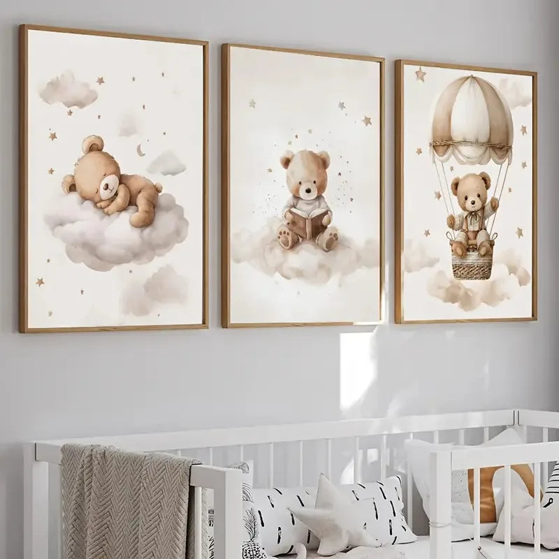 Set of 3 Boho Style Teddy Bear Nursery Wall Prints