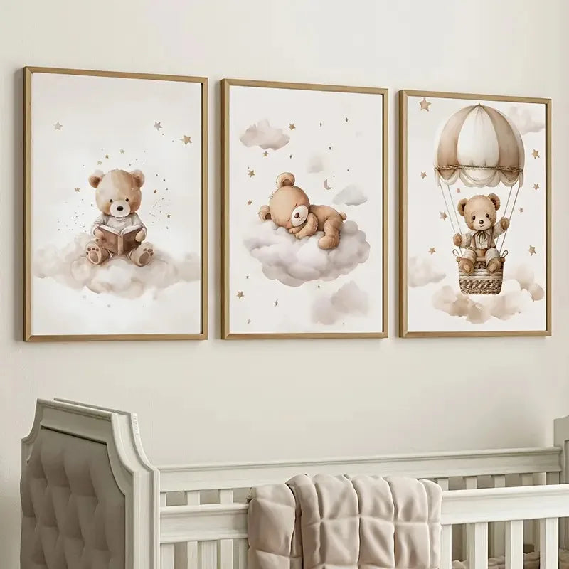 Set of 3 Boho Style Teddy Bear Nursery Wall Prints