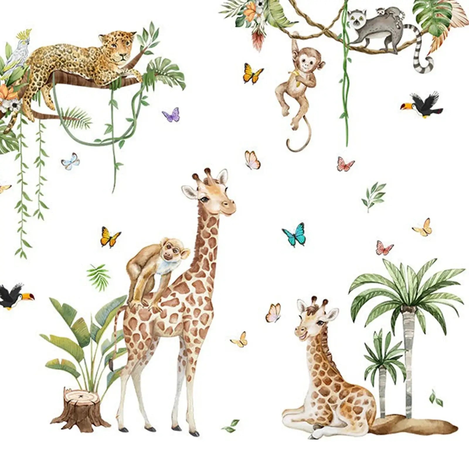 Woodland Animal Wall Decals featuring giraffes, monkeys, and leopards for kids nursery decor.