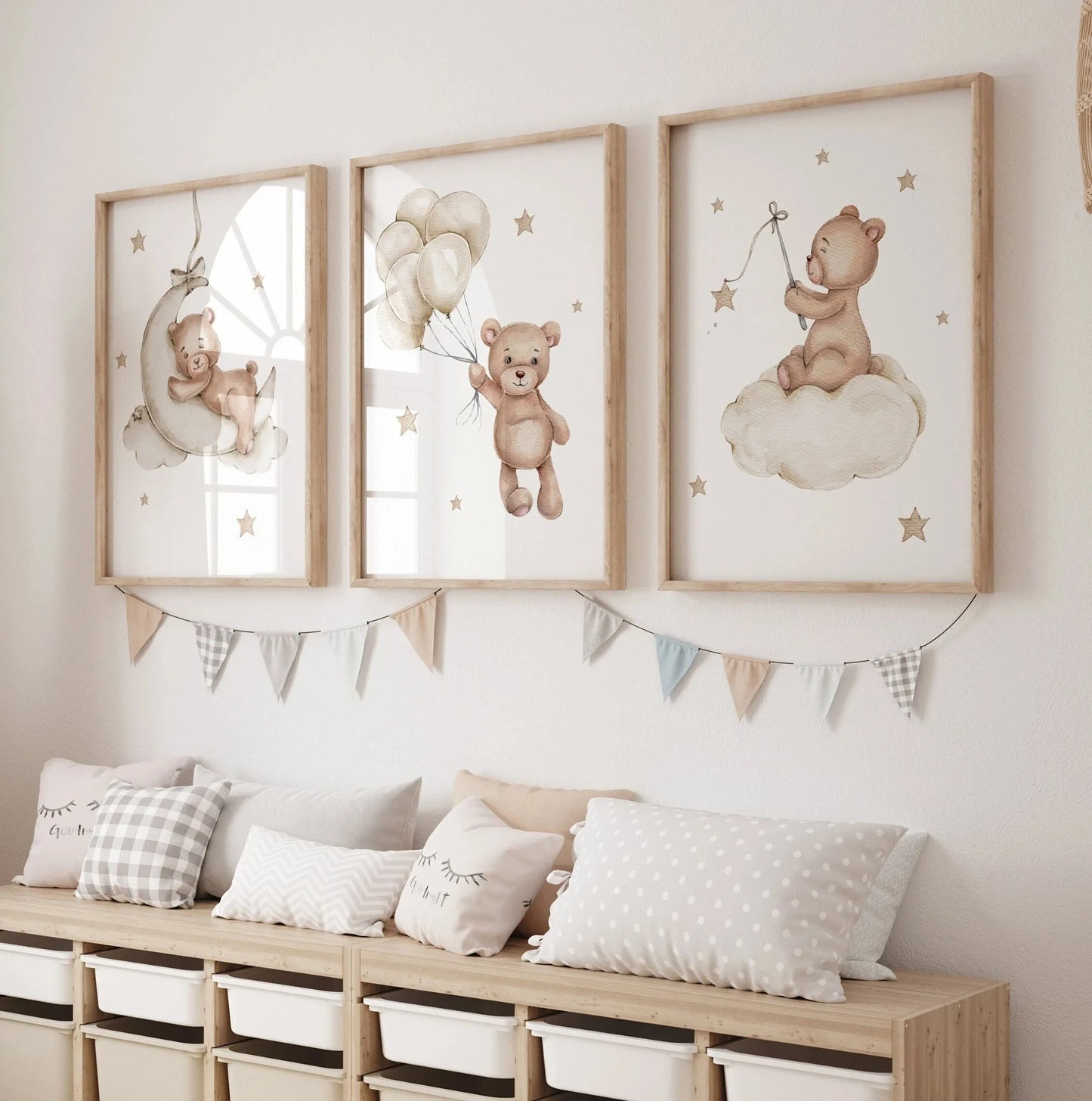 Set of 3 Boho Style Teddy Bear Nursery Wall Prints