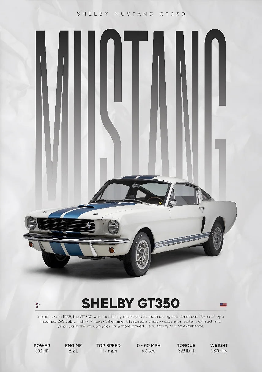 Shelby Mustang GT350 classic car art print with specs, ideal for home decor or gifting