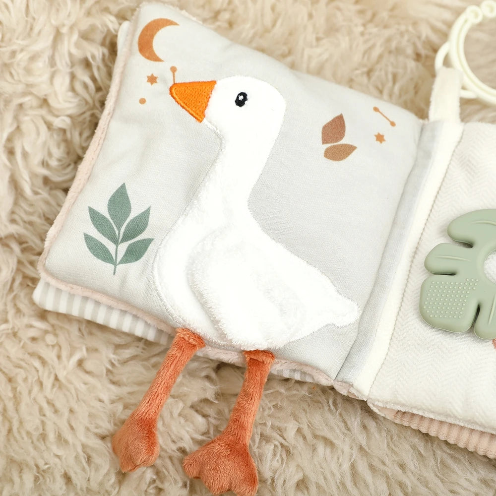 Baby Cloth Book with Bear & Goose, Sensory Crinkle Activity Book with Mirror, Teether, and Hanging Ring, Early Educational Toys