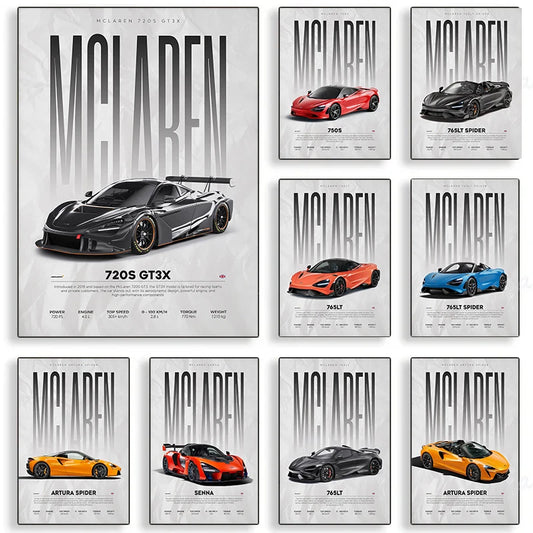 McLaren supercar art prints featuring 720S GT3X, 765LT, Artura Spider & more — ideal for car enthusiasts & modern home decor