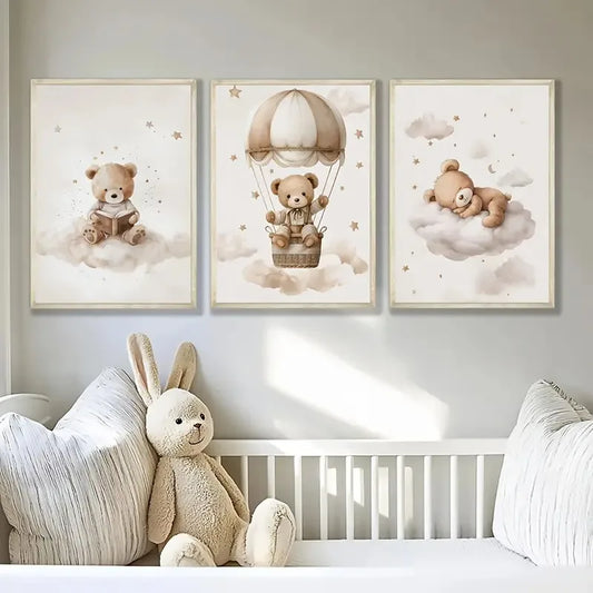 Set of 3 Boho Style Teddy Bear Nursery Wall Prints