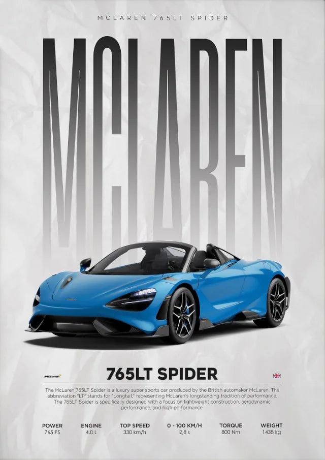 Blue McLaren 765LT Spider supercar poster with specs, luxury sports car art print for home decor