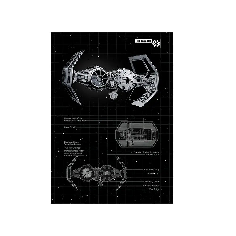 TIE Bomber starship blueprint art print with technical schematics and labels for space-themed home decor