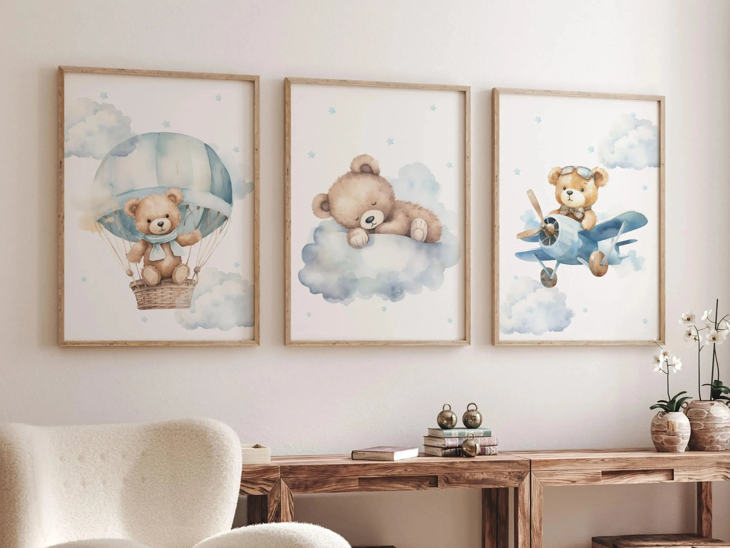 Set of 3 Boho Style Teddy Bear Nursery Wall Prints