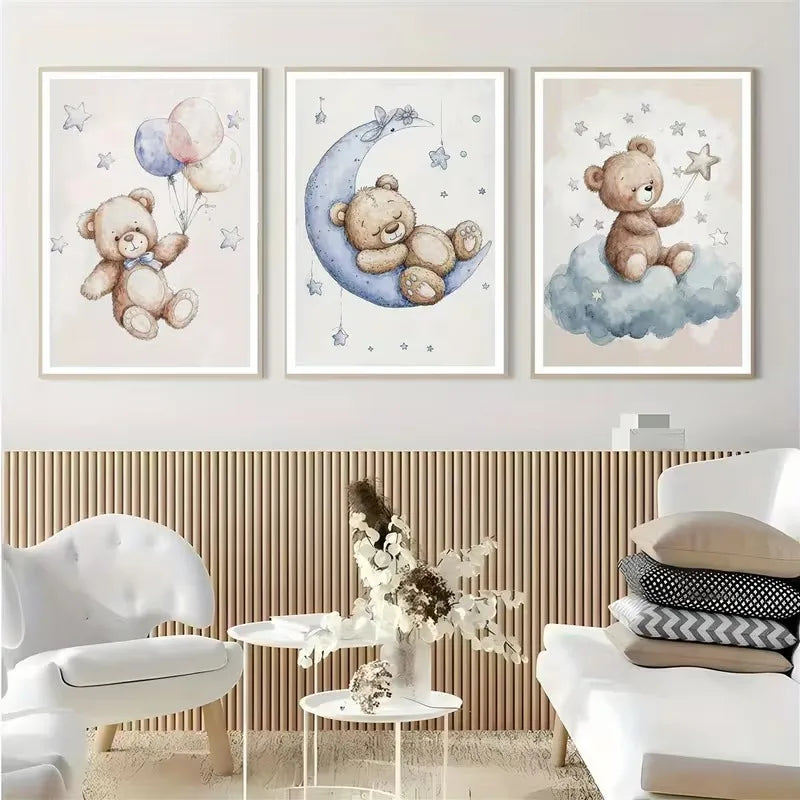 Set of 3 Boho Style Teddy Bear Nursery Wall Prints