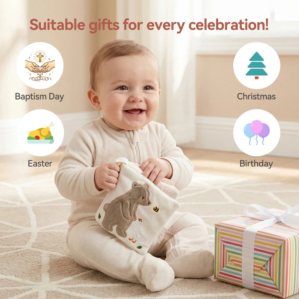 Baby Cloth Book with Bear & Goose, Sensory Crinkle Activity Book with Mirror, Teether, and Hanging Ring, Early Educational Toys