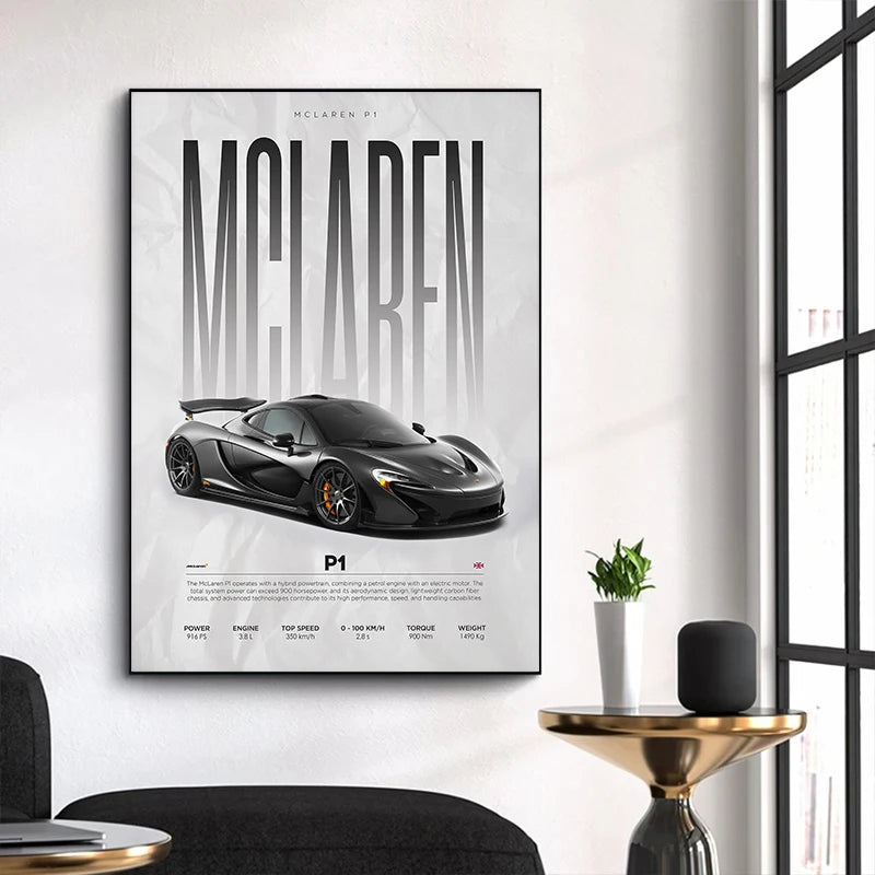 McLaren P1 supercar art print with specs, modern wall decor for home or office